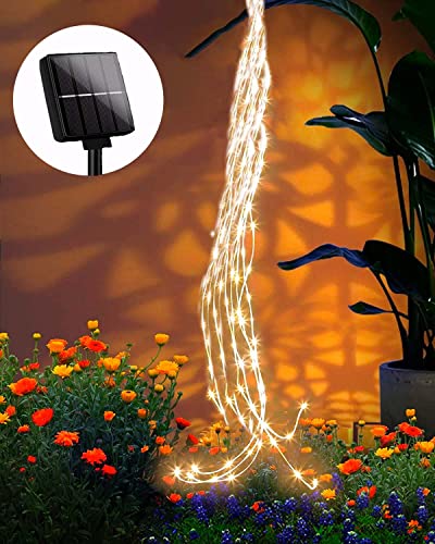 Dekofun Solar Lichterkette Aussen 2M 200 LED Solar Lichterschweif, 8 Lichtmodi Wasserfall Wasserdichte Solar Lichterkette Außenn für Partys Außen Weihnachten Deko - Warmweiß