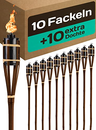 10 Gartenfackeln für Draußen - Bambus Holz Braun 90cm - Lange Brenndauer - Nachfüllbar - Ink. 10 extra Dochten