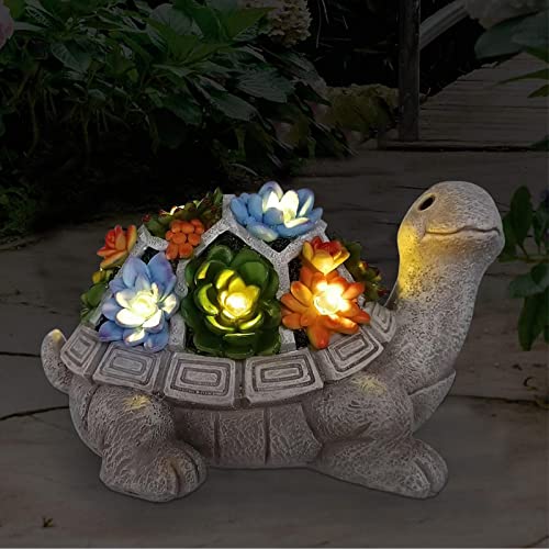 Yeomoo Solar Gartenfiguren Schildkröte Gartendeko für Draußen, mit Sukkulenten und 7 LED Leuchten Home Balkon Dekoration, Figur Kawaii Geschenke für Frauen/Mama Deko für Zimmer Terrasse
