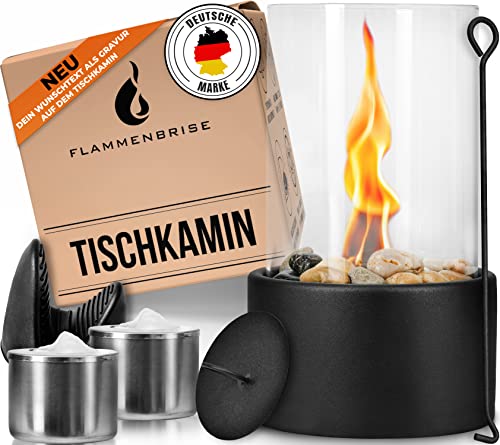 Flammenbrise® Tischkamin | Tischfeuer für Indoor und Outdoor | Ethanol Kamin mit [200g] Natursteinen | INKL. 2 Brennkammern | Unendliche Brenndauer