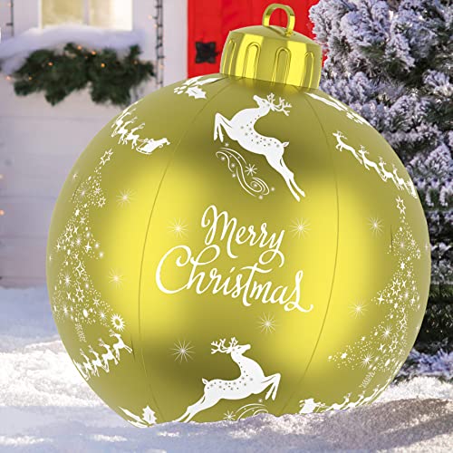 60cm Beleuchteter Aufblasbarer PVC-Weihnachtsball mit Erdspießen und Wasserbeutel,Großer Tumbler Weihnachtsball,Riesiger aufblasbarer Weihnachtskugel im Freien mit 10 LED Lichtquelle und Fernbedienung