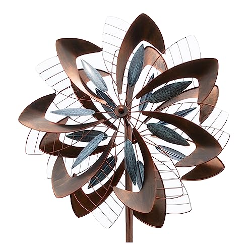 LEMODO Windrad Dandelion mit gegenläufigen Rotoren | Gartendeko in 2 Höhen aufbaubar | Gartenstecker mit 213 cm Höhe | Windmühle in Kupferoptik | Windskulptur mit Charme
