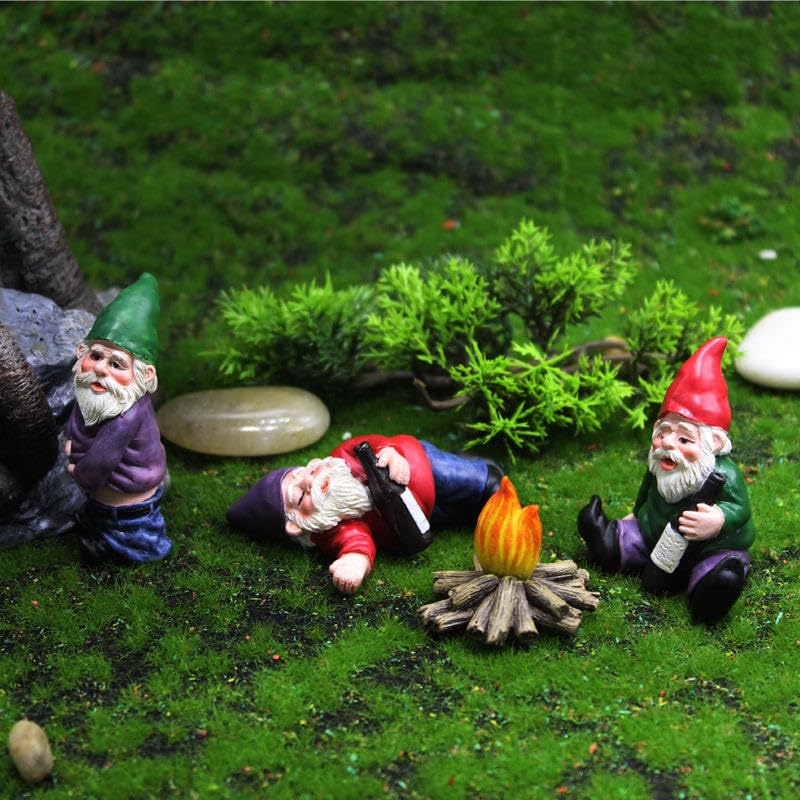NIWWIN Betrunkener Gartenzwerge 4 Stück,Garden GNOME Elf Statue, White Beard Dwarf,Lagerfeuer Modell Ornament, Mini Zwerg Figur Verwendung für Rasen (Flame)