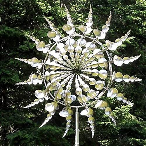 QWEIAS 3D Einzigartige und magische Metall-Windmühle mit Metall-Gartenpfahl, Solar-Windspinner, für den Außenbereich, große Windspiele für Hof, Rasen, Terrasse, Garten, kinetische Skulpturen (Silber)