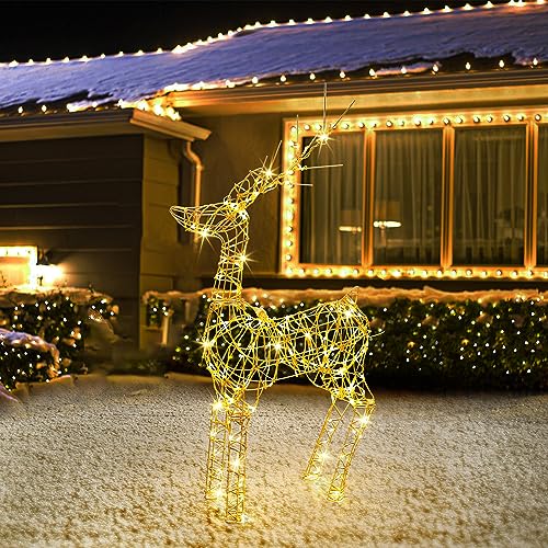 Joomer 240er LED Rentiere Beleuchtet, 85cm Rentier Figuren Weihnachtsdeko Strombetrieben, Timer, 8 Modi Warmweiß Weihnachtsbeleuchtung für Außen und Innen, Rasen, Wohnzimmer Party Dekoration
