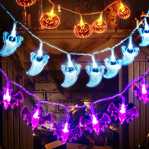 GIGALUMI 3er Set Lichterketten Kürbis Fledermaus Geister Halloween Lichter Deko Batterie betrieben für Halloween, Weihnachten, Ostern, Karneval usw.