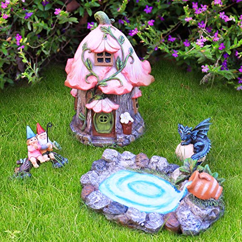 La Jolíe Muse Figuren Set aus 4, Feengarten aus Harz- Miniatur Baumstumpf, Feen-Haus, Festliche Innen- und Außennutzung für die Terrasse, Garten, Geschenk Ornament