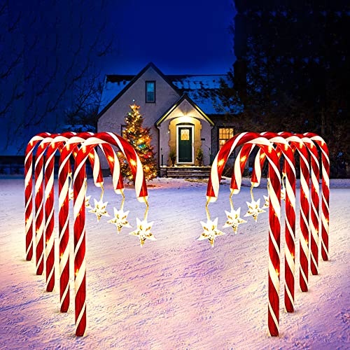 12 Stück Zuckerstangen Lichterketten Weihnachtsweg Marker,LED Zuckerstangen Gartenstecker Lichterkette,LED Wasserdicht Zuckerstangen Beleuchtet Lichter mit Sternenlichtern für Garten Weihnachtsdeko