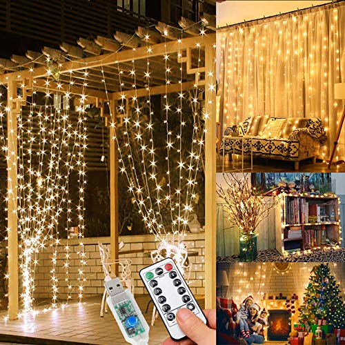 WEARXI Lichtervorhang 3×3m 300 LEDs Lichterkette Lichtvorhang, 8 Modi LED Vorhang Lichterketten für Innen Deko, Zimmer Deko, Partydekoration, Weihnachtsdeko, Outdoor Deko(Warmweiß)[Energieklasse A+++]