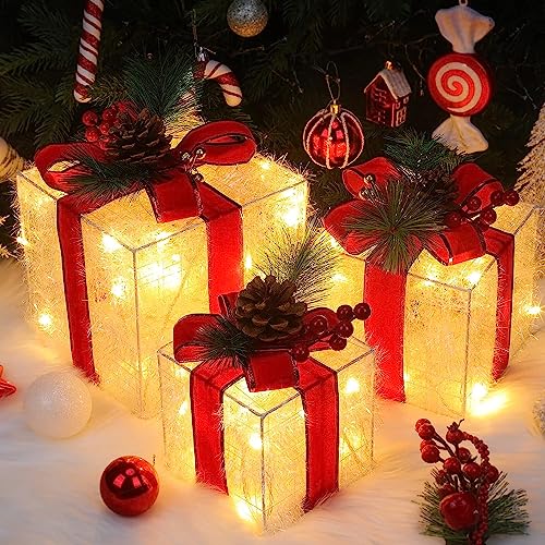 Quntis 3 Set LED Geschenkbox Weihnachten, Weihnachtsdeko Innen Strombetrieben, 60 warmweiße LEDs, beleuchtete Weihnachtsgeschenk Boxen, Lichterdeko Geschenkpakete für Weihnachtsbaum Fensterbank Garten