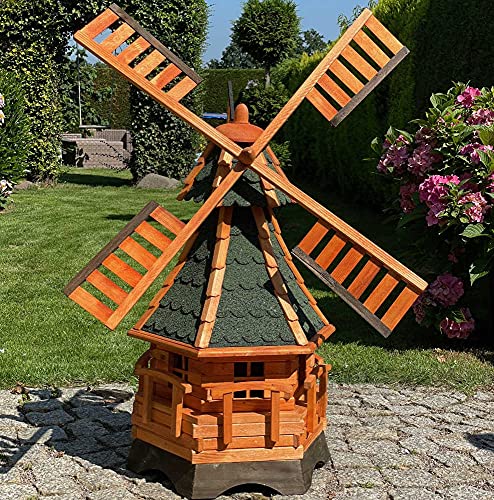 Darlux Sechseck Garten-Windmühle aus Holz kugelgelagert Braun/Grün Höhe 120 cm