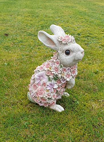 Fachhandel Plus Dekofigur niedlicher Hase sitzend mit Blumen lustige Gartendeko Tierfigur Kaninchen